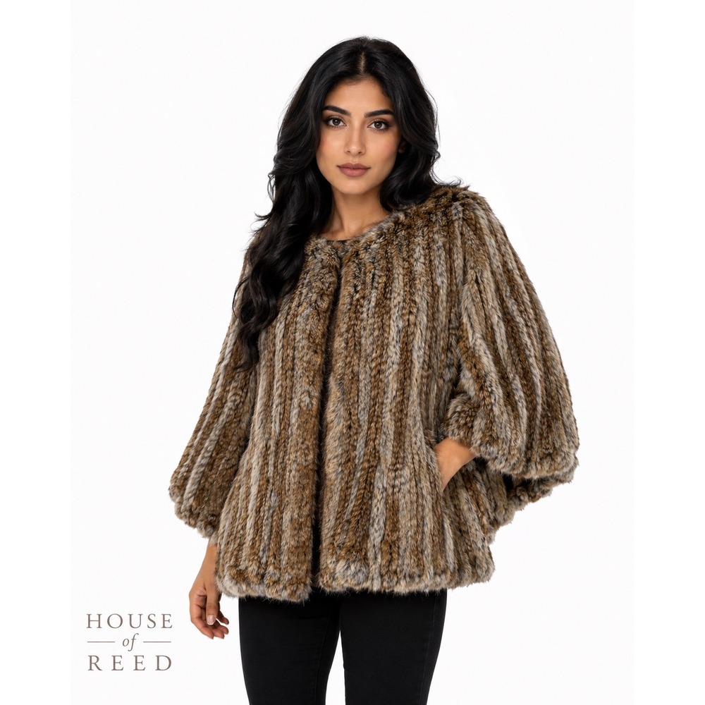 Joie Real Rabbit Fur Capelet Brown Grey Natural Fur Crop Cape Jacket Coat Womens